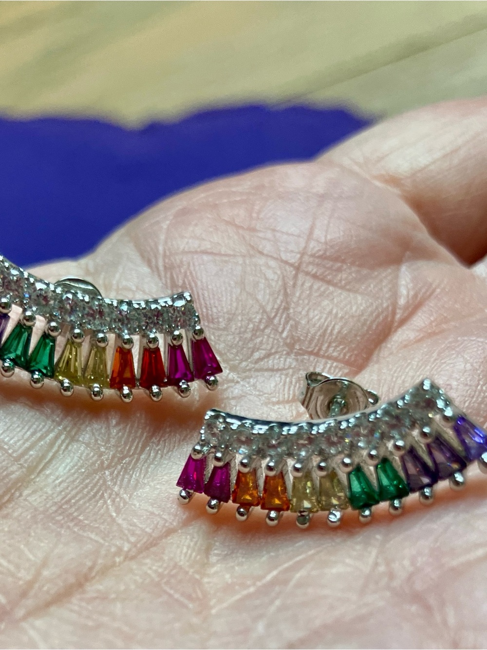 Sterling Silver Rainbow Baguette Ear Climbers - Multicolor